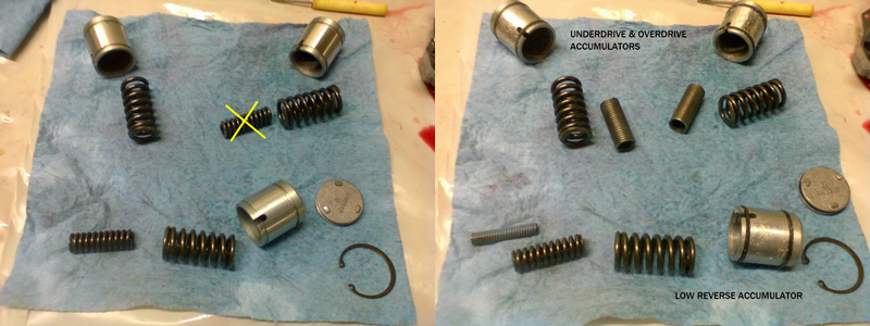 These accumulator piston assemblies receive some modifications before installation (part of the shift kit). We lose one spring and gain three spacers. Expander wires also go into the seal grooves of these pistons (as was done to the 2-4 piston).
